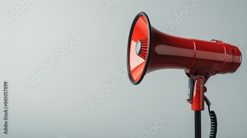 Red megaphone on a stand with a minimalist grey background, symbolizing communication, announcement, and amplification. photo