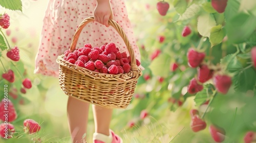 Girl is carrying a basket full of fresh raspberries, walking between paspberry raws photo