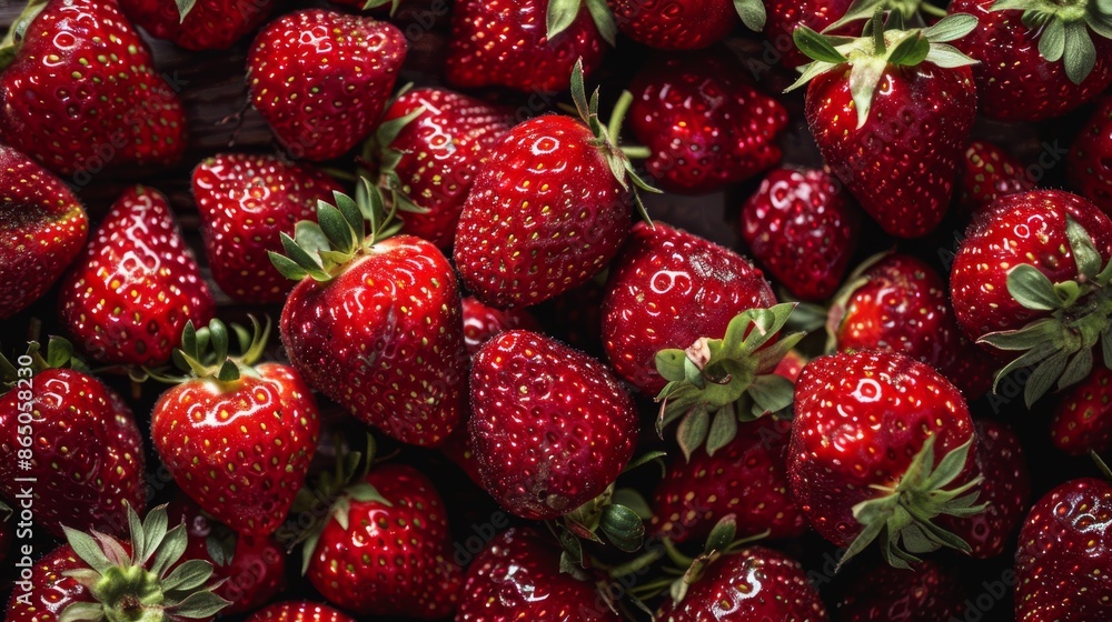 Overhead shot of a pile of fresh and juicy strawberries, decorated with garland juice, under natural light, captured in high resolution with clear focus and high contrast Overhead shot of a pile of fresh and juicy strawberries, decorated with garland juice, under natural light, captured in high resolution with clear focus and high contrast