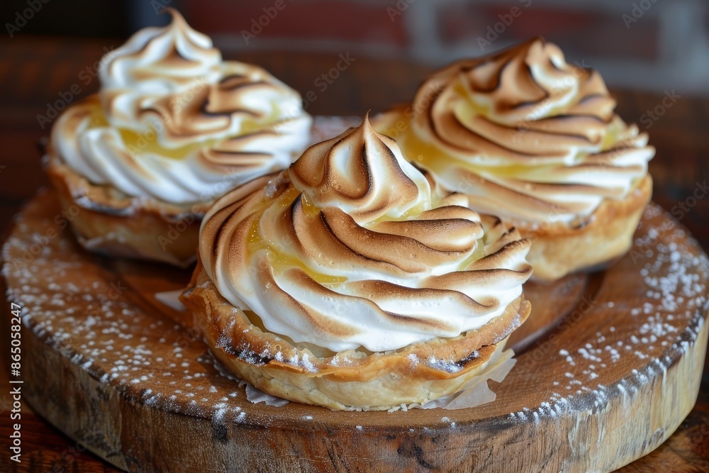 Trio of mini lemon meringue pies displayed on a wooden plate, showcasing the pastrys texture and flaky crust, A trio of mini lemon meringue pies with a golden toasted top Trio of mini lemon meringue pies displayed on a wooden plate, showcasing the pastrys texture and flaky crust, A trio of mini lemon meringue pies with a golden toasted top