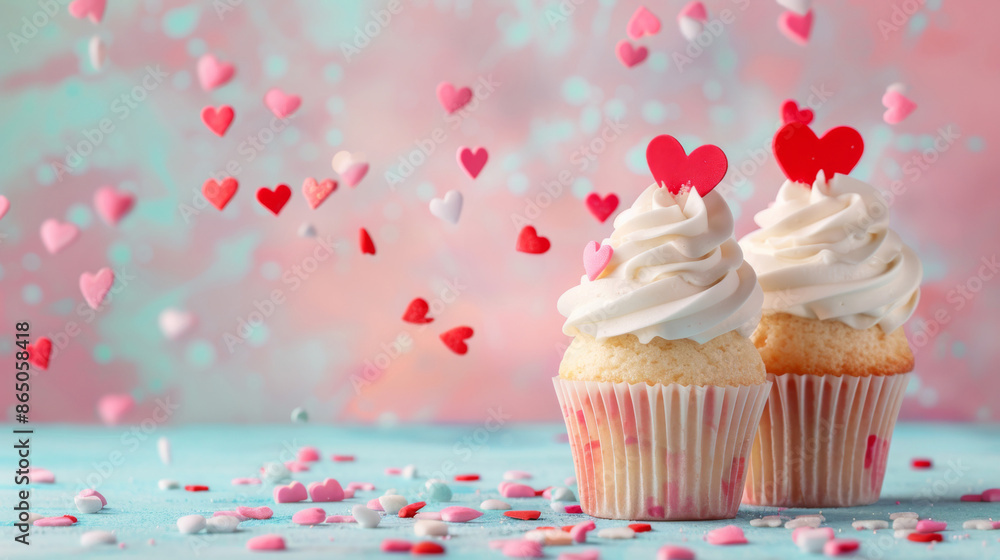 Valentine's Day cupcakes with heart toppers on a pastel background Valentine's Day cupcakes with heart toppers on a pastel background