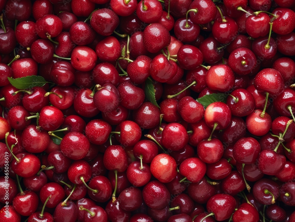 High-quality photograph of a mound of fresh and juicy cherries, decorated with garland juice, shot overhead in natural light with clear focus and high contrast High-quality photograph of a mound of fresh and juicy cherries, decorated with garland juice, shot overhead in natural light with clear focus and high contrast