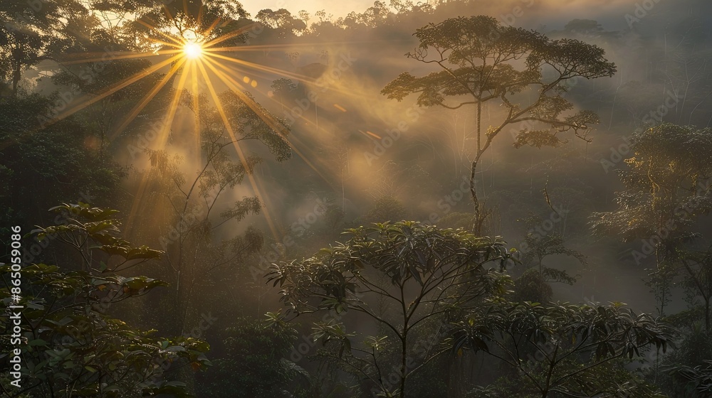 Radiant sunburst through dense, misty forest canopy at sunrise Radiant sunburst through dense, misty forest canopy at sunrise