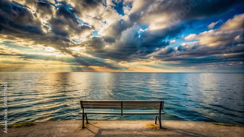 Serene yet melancholic seascape with vast open waters, distant horizon, and a solitary bench, evoking feelings of longing and departure.