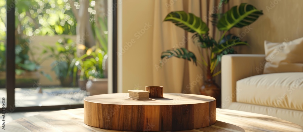 Wooden podium placed on a table within the interior of a living room with available space Wooden podium placed on a table within the interior of a living room with available space