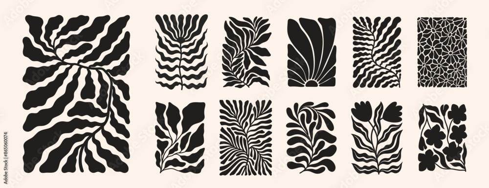 Groovy abstract flower posters. Floral doodle naive patterns. Contemporary matisse style. Trendy vector set.