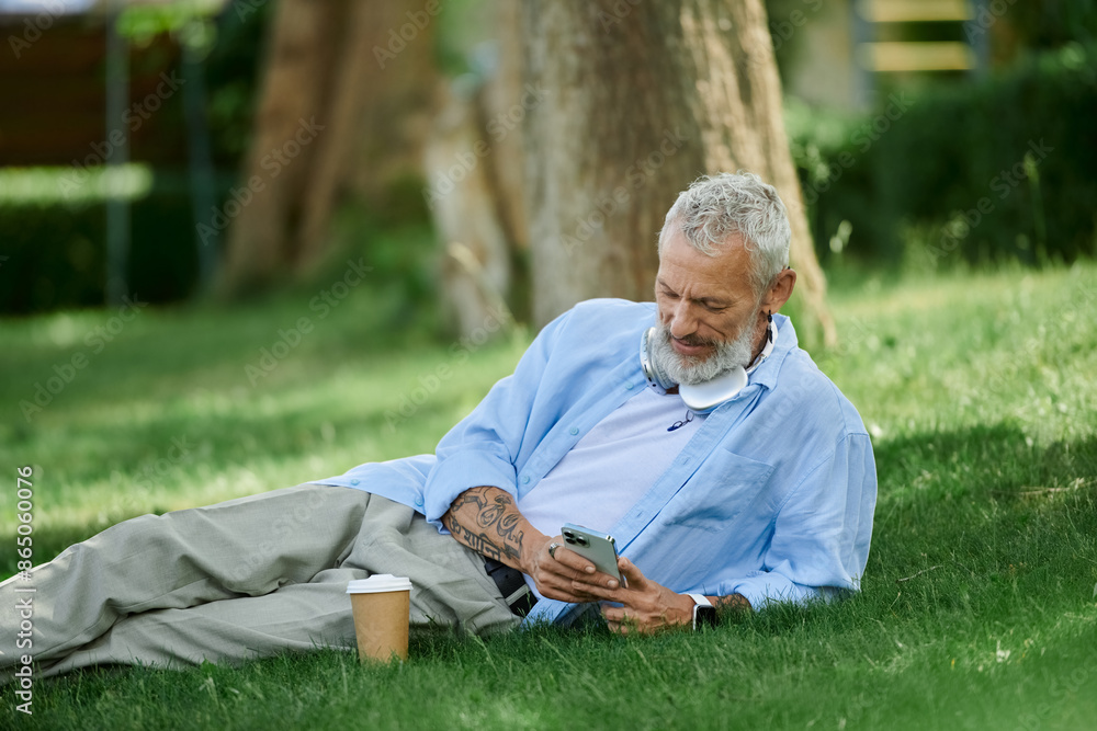 A man with tattoos and a grey beard sits on the grass, looking at his phone. A man with tattoos and a grey beard sits on the grass, looking at his phone.