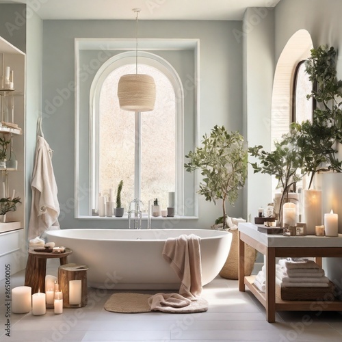 A serene bathroom with soft towels, candles, and a soothing color palette creates a heart-touching home interior.