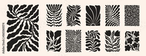 Groovy abstract flower posters. Floral doodle naive patterns. Contemporary matisse style. Trendy vector set.