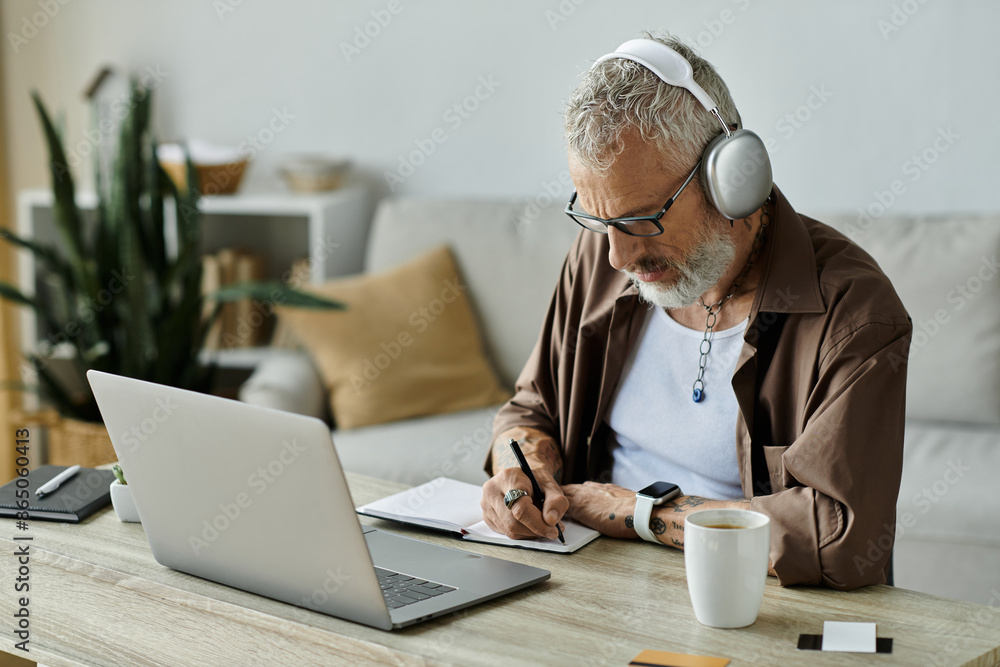 A mature gay man with grey hair and tattoos works remotely from home, taking notes in a notebook while wearing headphones. A mature gay man with grey hair and tattoos works remotely from home, taking notes in a notebook while wearing headphones.