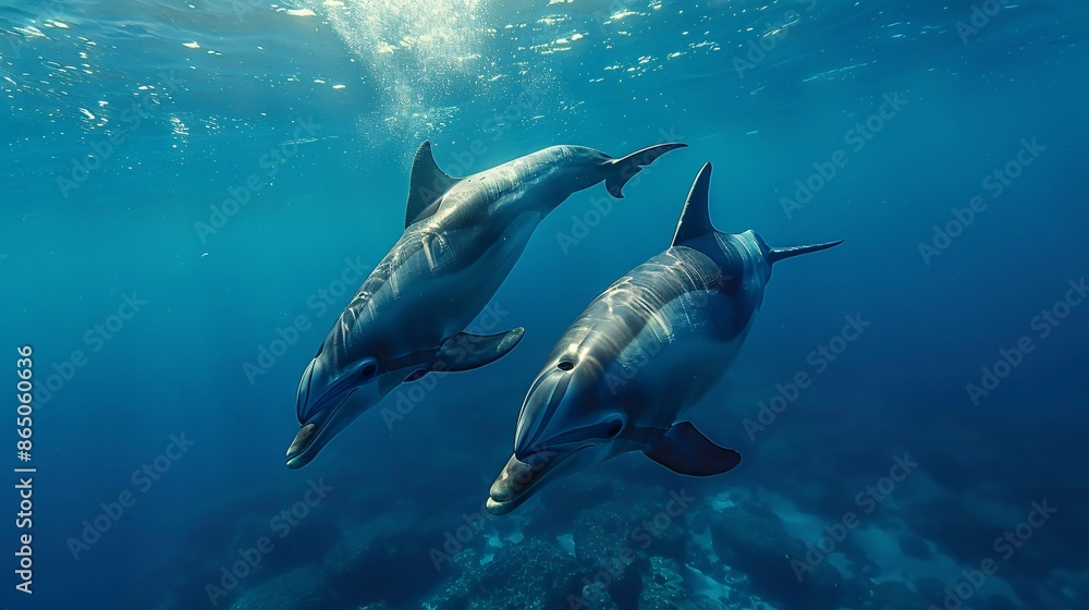 Fototapeta premium Two dolphins swimming underwater.