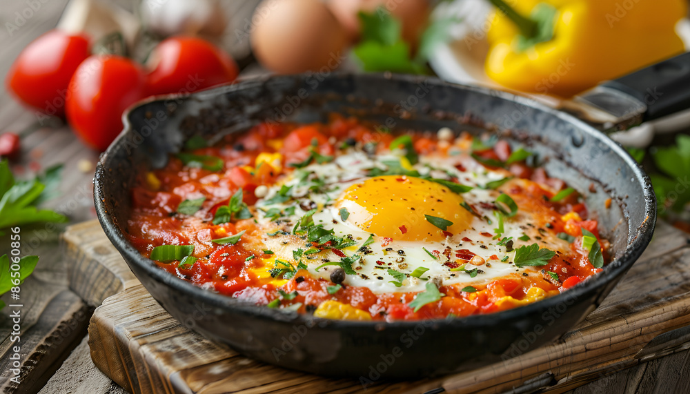 Tasty and Healthy Shakshuka in a Frying Pan. Eggs Poached in Spicy Tomato Pepper Sauce Tasty and Healthy Shakshuka in a Frying Pan. Eggs Poached in Spicy Tomato Pepper Sauce