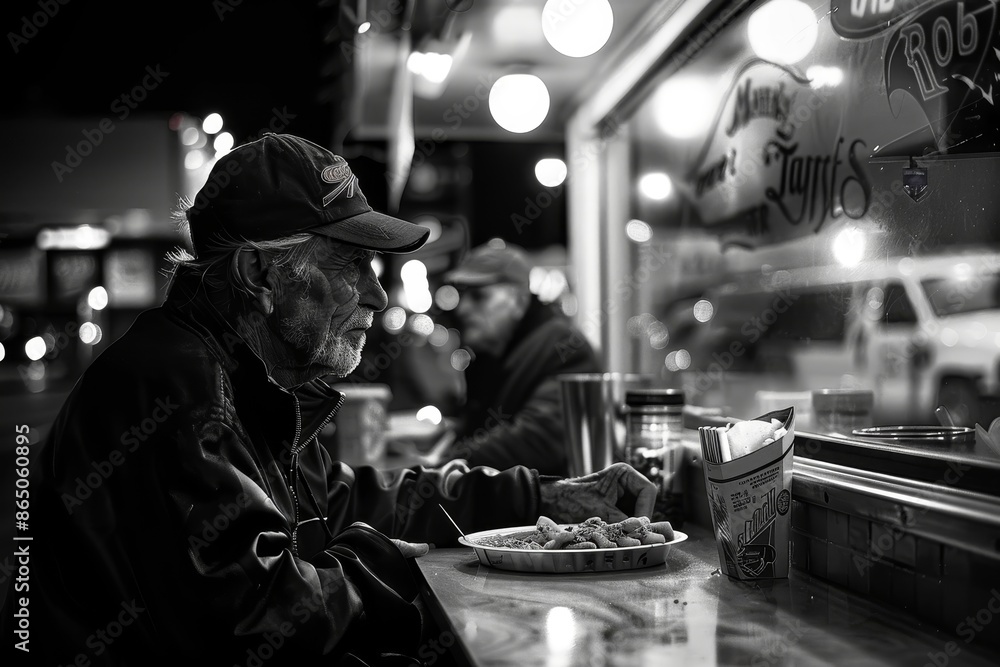 A truck driver sits at a table with a plate of food in front of him at a diner, A truck driver at a truck stop diner, enjoying a hot meal A truck driver sits at a table with a plate of food in front of him at a diner, A truck driver at a truck stop diner, enjoying a hot meal