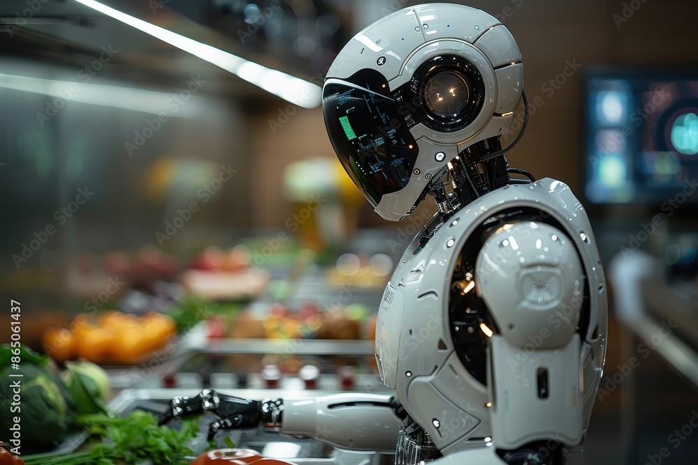 A robotic chef in a modern kitchen, preparing a gourmet meal with precision and efficiency, surrounded by fresh ingredients. A robotic chef in a modern kitchen, preparing a gourmet meal with precision and efficiency, surrounded by fresh ingredients.