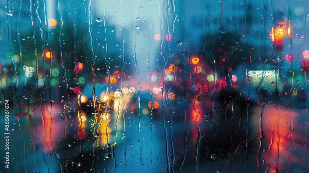 Fototapeta premium Rain-splattered window with city lights in a blur