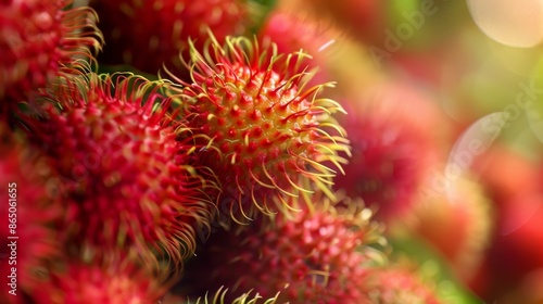 Close-up high-quality photo of a heap of fresh and juicy rambutan, adorned with garland juice under natural light, captured with clear focus and rich details © Jojo