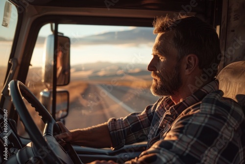 Wallpaper Mural A man behind the wheel of a truck driving along a quiet rural road, A truck driver sitting behind the wheel, gazing out at the open road Torontodigital.ca