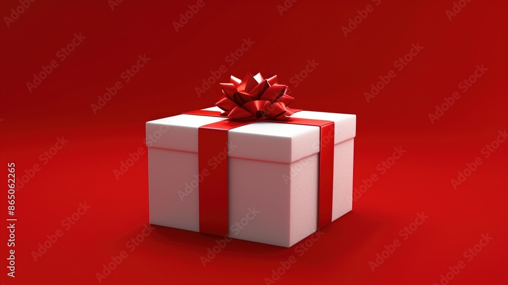 Fototapeta premium A beautifully wrapped gift box with a ribbon on a solid red background.