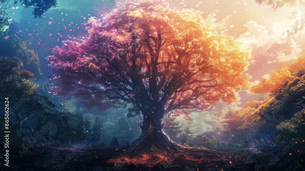 A single majestic tree in anime style with asymptotes, highlighted in a vibrant forest with the entire tree visible A single majestic tree in anime style with asymptotes, highlighted in a vibrant forest with the entire tree visible