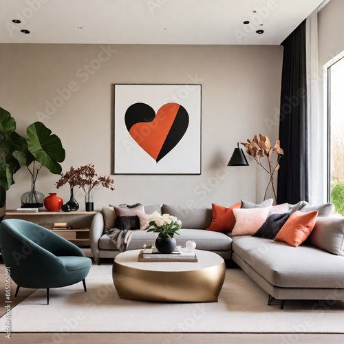 A modern living area with sleek furniture, bold accents, and a cozy ambiance creates a heart-touching home interior.