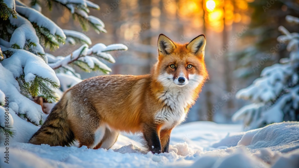 A solitary red fox with thick bushy tail and piercing yellow eyes explores a snowy winter forest landscape morning. A solitary red fox with thick bushy tail and piercing yellow eyes explores a snowy winter forest landscape morning.