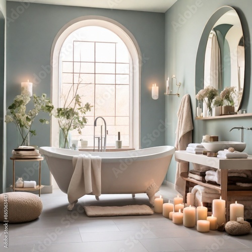 A serene bathroom with soft towels, candles, and a soothing color palette creates a heart-touching home interior.