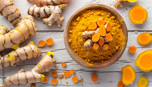 Aromatic turmeric powder and raw roots on wooden table, flat lay photo