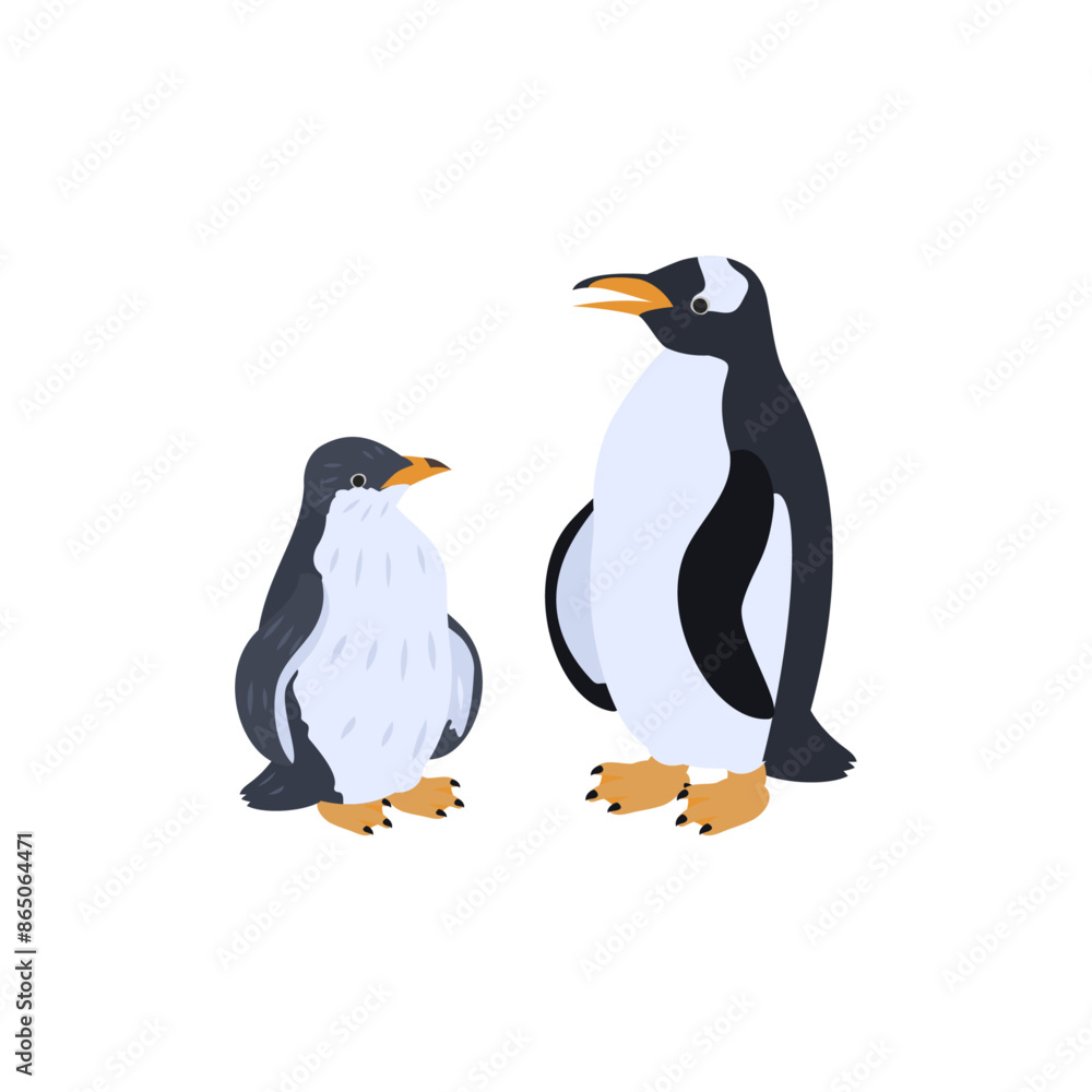 Fototapeta premium ジェンツーペンギンの雛と成鳥。フラットなベクターイラスト。 Gentoo penguin chick and adult. Flat vector illustration.