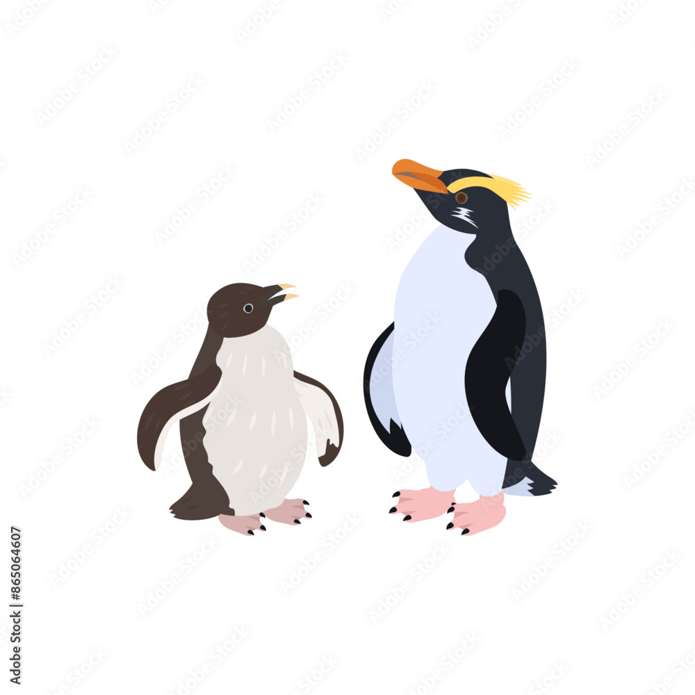 Fototapeta premium フィヨルドランドペンギン（キマユペンギン、ヴィクトリアペンギン）の雛と成鳥。フラットなベクターイラスト。 Fiordland penguin (Fiordland crested penguin) chick and adult. Flat vector illustration.