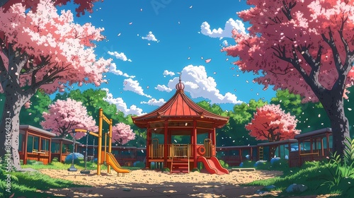 City park scene clouds Anime illustration flat line art, anime background photo