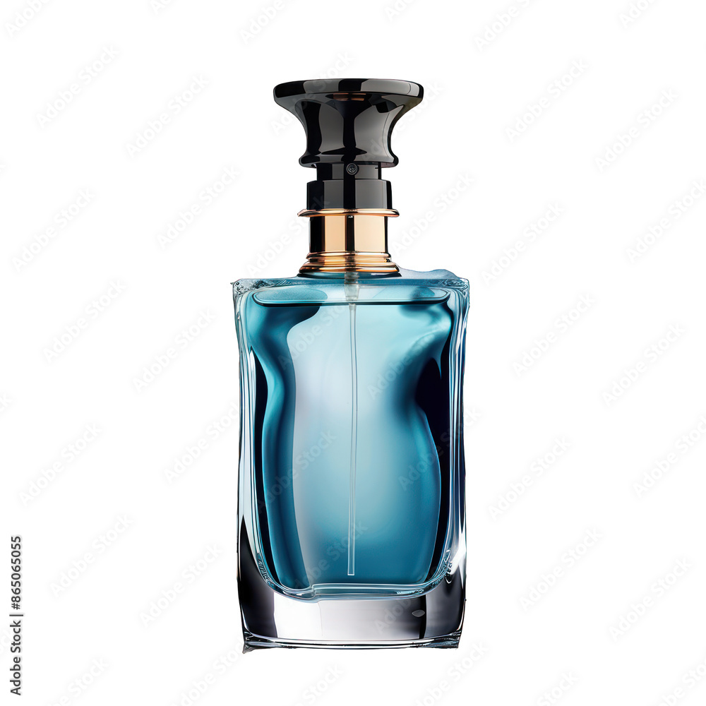 A sleek, elegant perfume bottle with a modern design. The bottle is made of transparent glass, revealing a vibrant blue liquid inside - AI Generated Digital Art A sleek, elegant perfume bottle with a modern design. The bottle is made of transparent glass, revealing a vibrant blue liquid inside - AI Generated Digital Art