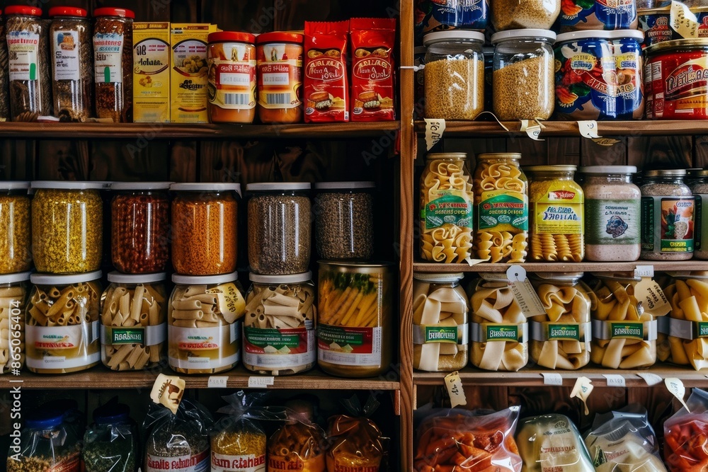 A shelf display filled with canned goods and dry pasta of different varieties and brands, A variety of canned goods and dry pasta neatly organized on shelves A shelf display filled with canned goods and dry pasta of different varieties and brands, A variety of canned goods and dry pasta neatly organized on shelves