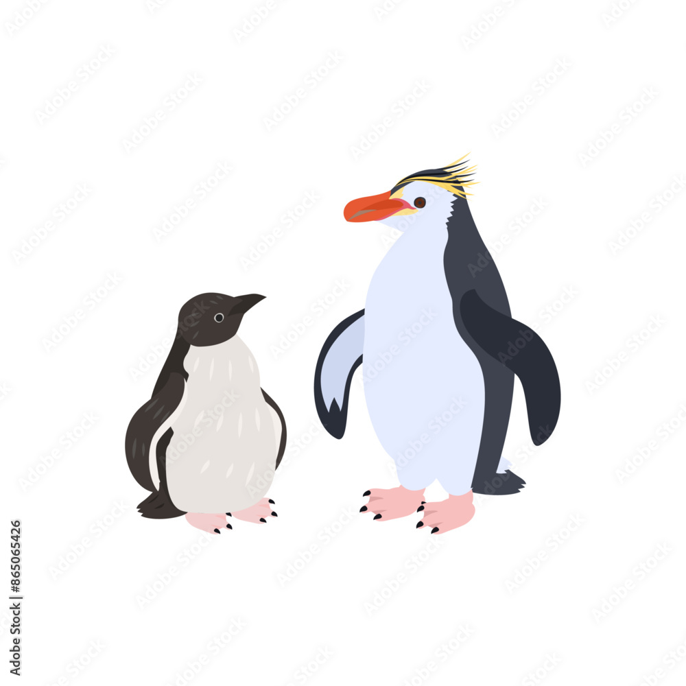 Fototapeta premium ロイヤルペンギンの雛と成鳥。フラットなベクターイラスト。 Royal penguin chick and adult. Flat vector illustration.