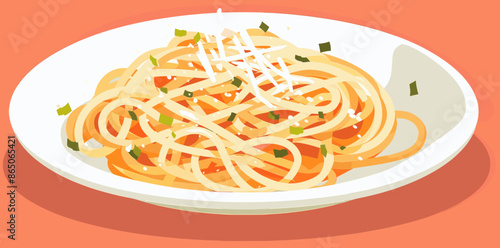 A Plate of Spaghetti with Parmesan Cheese and Green Onions