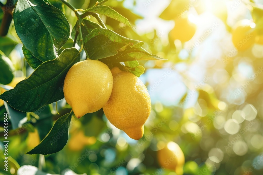 Two ripe lemons hang from a branch of a lemon tree in a sunny orchard, leaves blur the background.