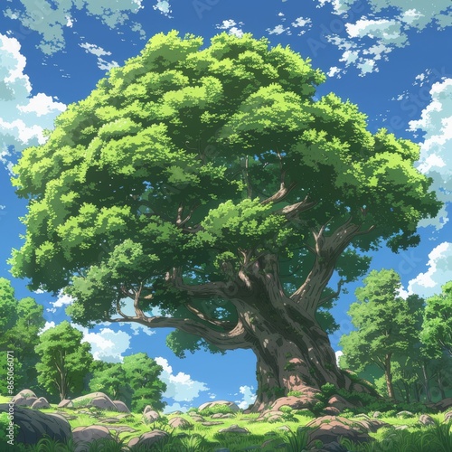 An enormous anime tree with asymptotes, standing tall in the middle of a serene forest under a clear blue sky photo