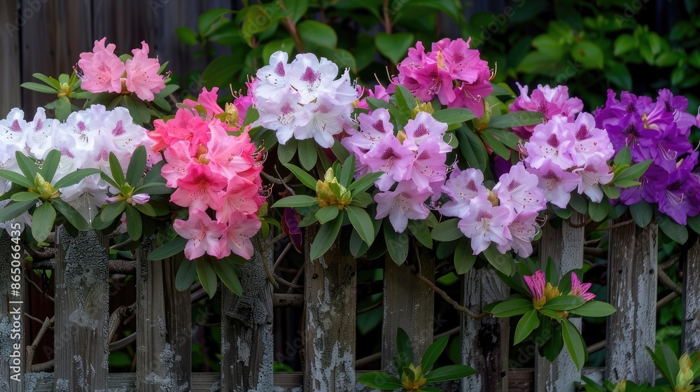 Fototapeta premium A close-up shot of vibrant pink, purple, and white rhododendrons blooming in abundance along a weathered wooden fence in springtime