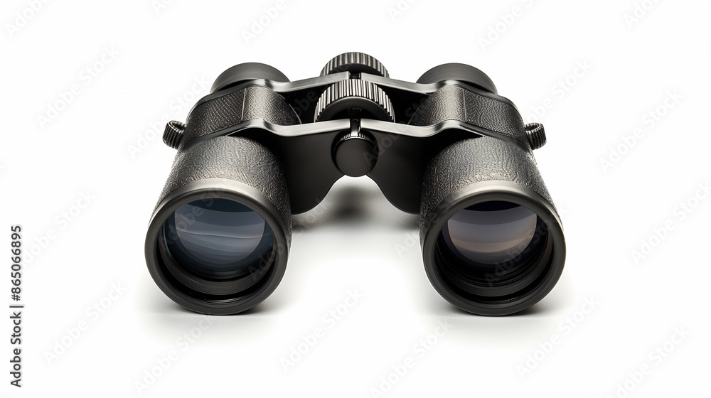 The binoculars, clearly visible against a white background, show a variety of details The binoculars, clearly visible against a white background, show a variety of details
