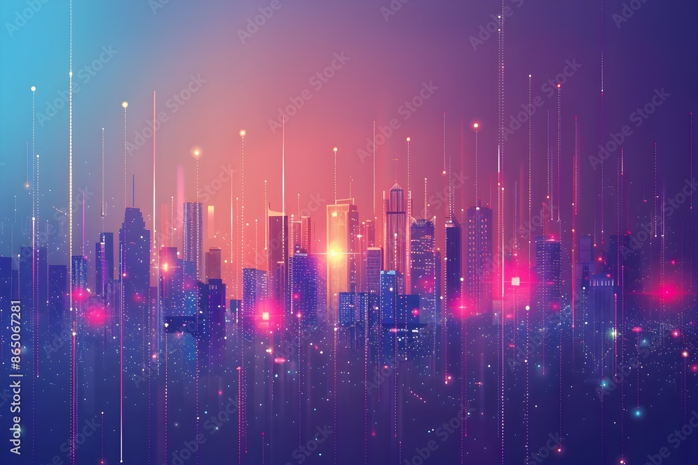 Mesmerizing Gradient Cityscape with Futuristic Skyscrapers and Glowing Lights Mesmerizing Gradient Cityscape with Futuristic Skyscrapers and Glowing Lights