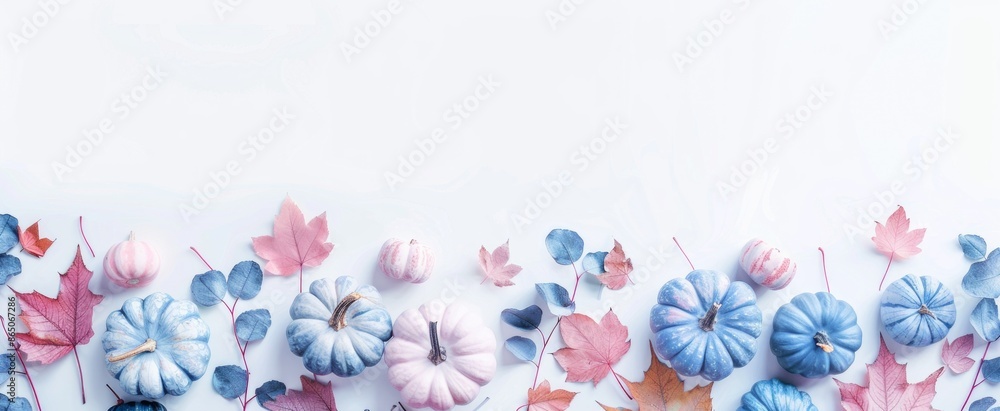 Obraz premium Blue and Pink Pumpkins with Colorful Leaves on White Background
