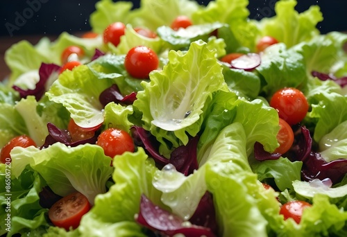 Fresh healthy salad with little tomatoes, onions, ushrooms, water drops photo