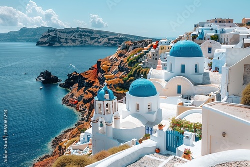 A romantic Greek island with white-washed buildings, blue domed roofs, and a stunning view of the Aegean Sea