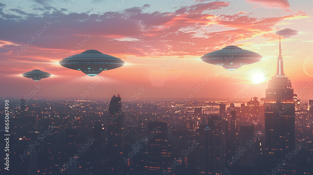A UFO hangs over the city's modern skyscrapers during sunset, creating a surreal scene and raising questions about their origins and intentions. A UFO hangs over the city's modern skyscrapers during sunset, creating a surreal scene and raising questions about their origins and intentions.