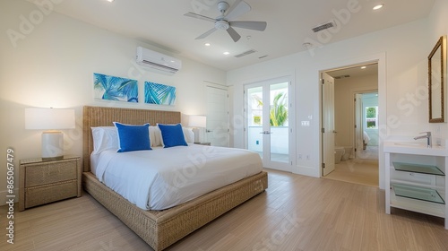 A modern bedroom with a ceiling fan, wooden floor, and a large bed with a white comforter
