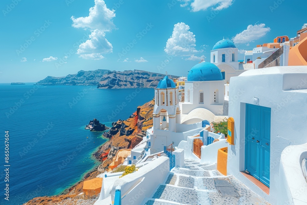 Obraz premium A romantic Greek island with white-washed buildings, blue domed roofs, and a stunning view of the Aegean Sea