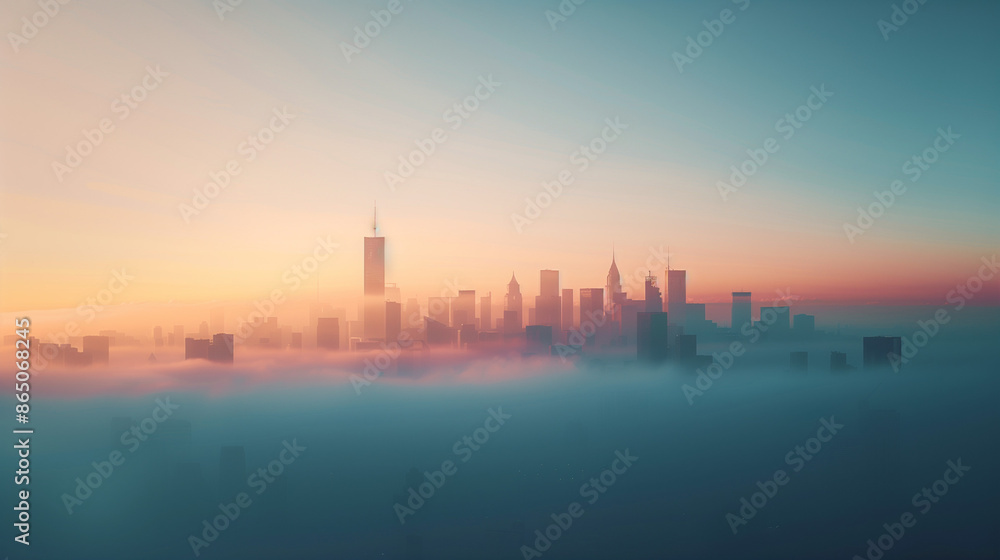 A quiet and peaceful cityscape shrouded in fog at sunrise, showing the silhouettes of skyscrapers and buildings in the glow of the morning light. A quiet and peaceful cityscape shrouded in fog at sunrise, showing the silhouettes of skyscrapers and buildings in the glow of the morning light.