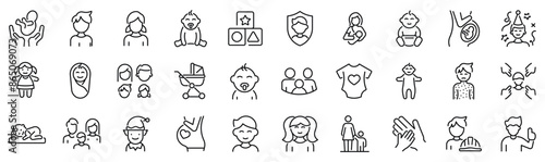 Set of 30 outline icons related to kids. Linear icon collection. Editable stroke. Vector illustration