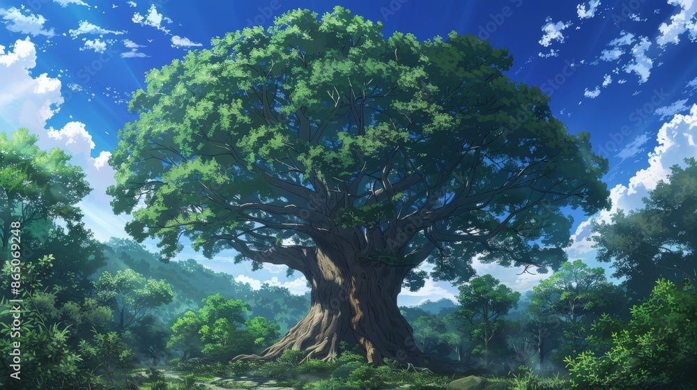A grand anime tree with asymptotes, standing out in the middle of a dense forest under a clear blue sky A grand anime tree with asymptotes, standing out in the middle of a dense forest under a clear blue sky