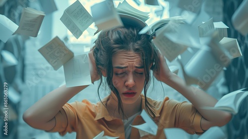 A stressed young woman surrounded by flying papers, overwhelmed by information overload. photo