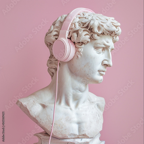 Gypsum statue head in earphone photo